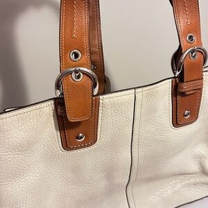 Coach Elegant White and Tan Leather Tote Bag